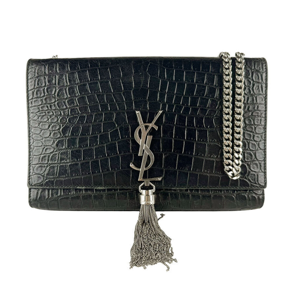 Saint Laurent Kate Shoulder Bag Embossed Leather Black Silver